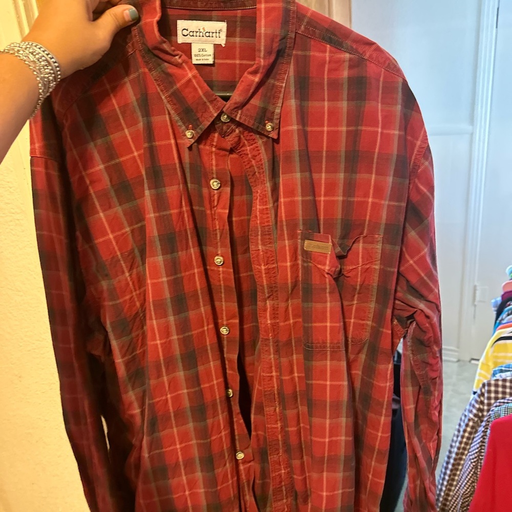 Carhartt Men's Red and Black Plaid Button Down Shirt